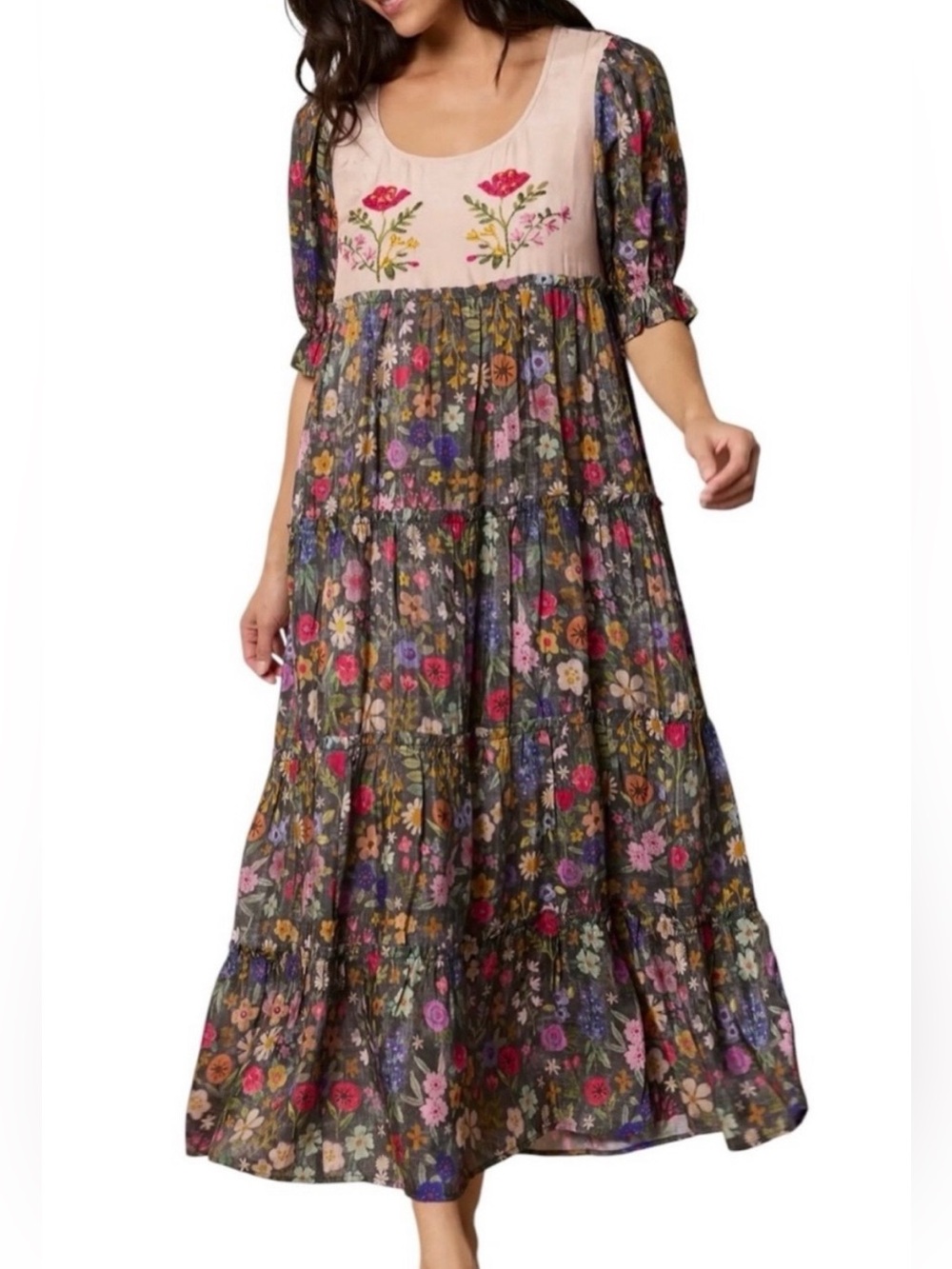 Natural Life Floral Embroidered Tiered Maxi Dress Cottagecore Boho Whimsy